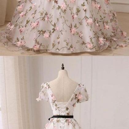 Ball Gown Prom Dresses V-neck Floor-length Floral..