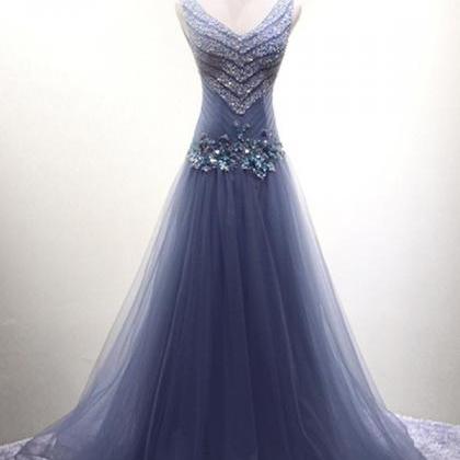 V Neck Dusty Blue Beaded A-line Long Evening Prom..