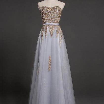 Strapless Sweetheart Grey Tulle Beaded A-line Long..
