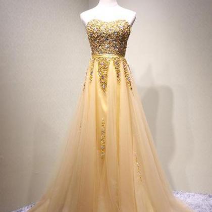 Strapless Sweetheart Gold Tulle Beaded A-line Long..
