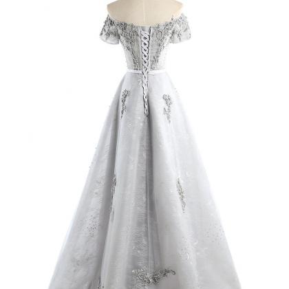 Gray Lace Beaded Off Shoulder Long Evening Prom..