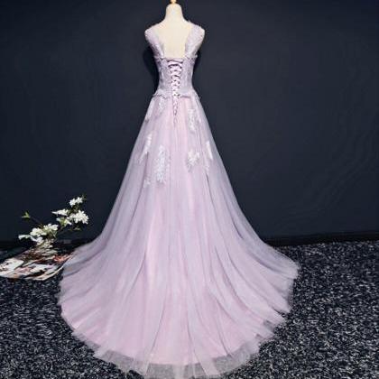 Lilac Cap Sleeve Straight Neckline Lace Long..