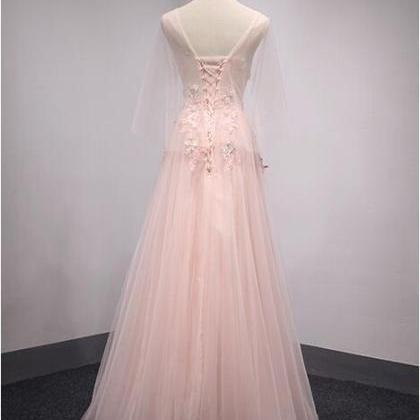 V Neckline Peach Lace Evening Prom Dresses,..