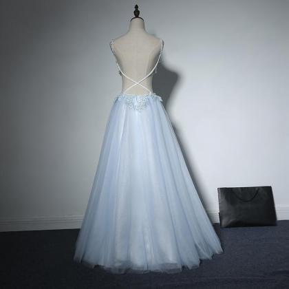 Pale Blue Sexy Cross Back Lace Beaded Evening Prom..