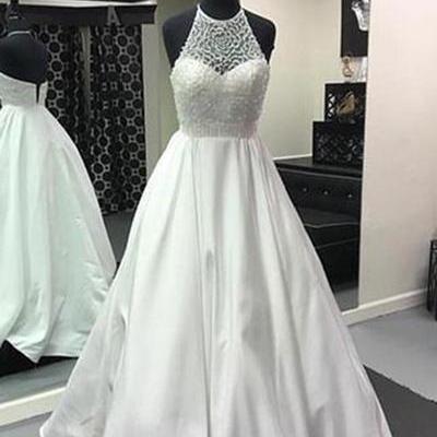 White Backless Long Beaded Senior Prom Dress,..