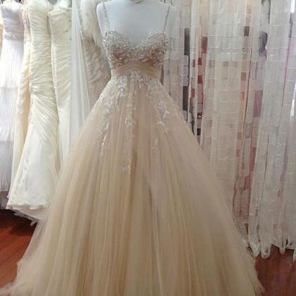 Champagne Sweetheart Neck Tulle Lace Prom Dress,..
