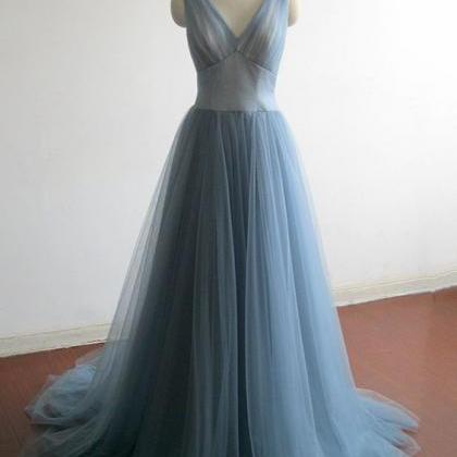 Elegant Blue Tulle Prom Dress, V-neck Prom Dress,..