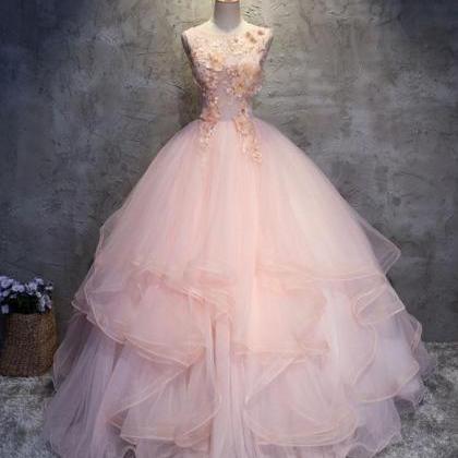 Charming Ball Gowns Round Neck Pink Tulle Long..