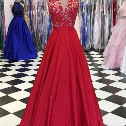 Red V Neck Lace Applique Long Prom Dress, Red..