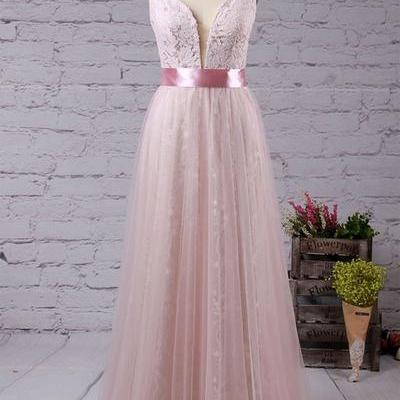 Spring Pink V Neckling Long Lace Sweet 16 Prom..