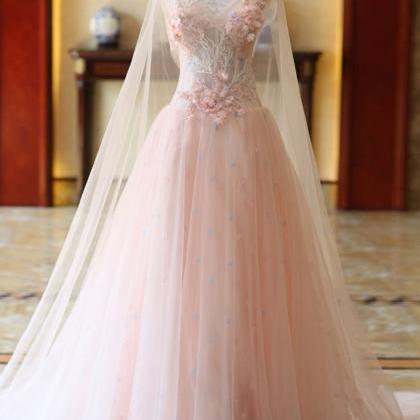 Pink Tulle Customize Long 3d Lace Flower Evening..
