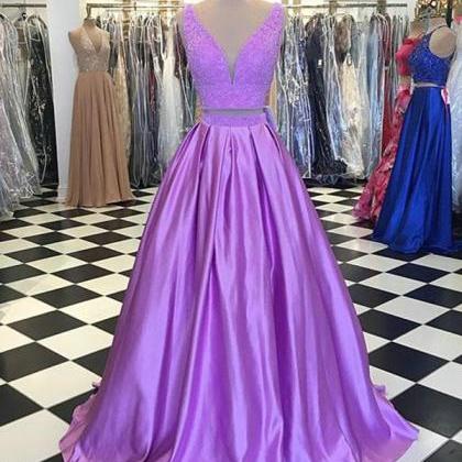 Light Purple Two Piece Prom Dresses With V..
