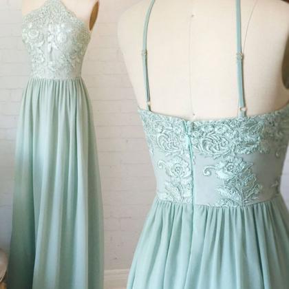 GREEN A-LINE LACE LONG PROM DRESS, ..