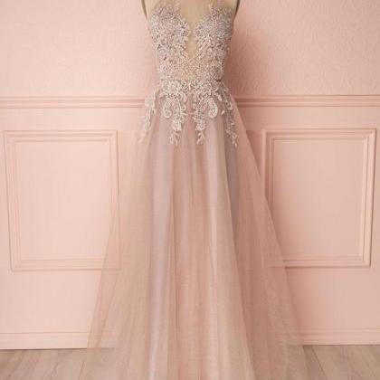 Unique Lace Applique Tulle Long Prom Dress, Tulle..