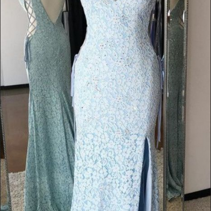 Mermaid V-neck Backless Sweep Train Blue Lace Prom..