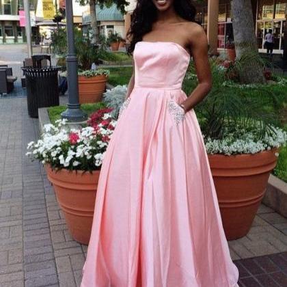 Amazing Column Strapless Sleeveless Rhinestone Satin Openback With Train Pink Prom Dresses