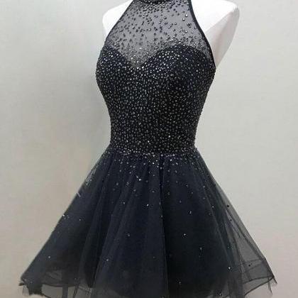 High Neck Beaded Black Tulle Homecoming..