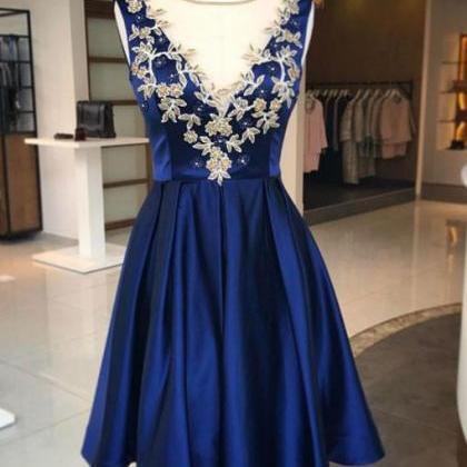 Cute Blue Round Neck Applique Homecoming Dress,a..