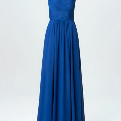 Blue Sleeveless Ruched Chiffon A-line Floor-length..
