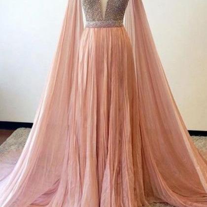 Long Pink V Neck Crystal Sexy Prom Dress,beaded..