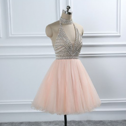 Halter Beading Homecoming Dress With Open Back,..