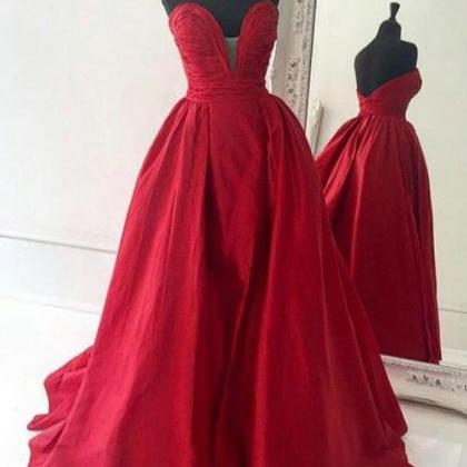 Sexy V-neck A-line Strapless Long Red Prom..