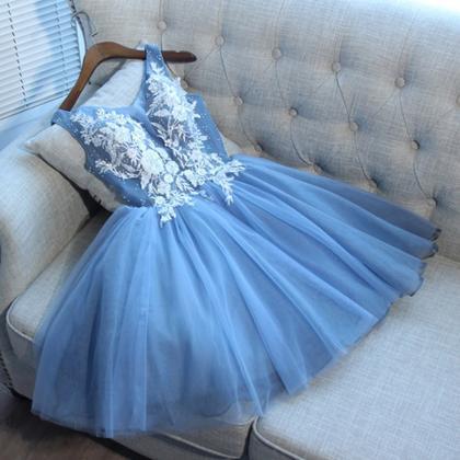 Cute Blue V Neck Tulle Short Prom Dress, Mini..