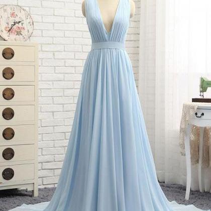 Simple Party Dress Blue Evening Dress V Neck..