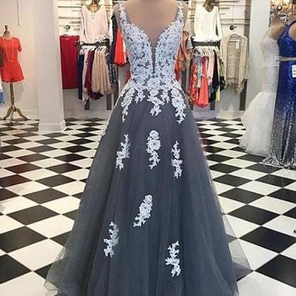 Gray Tulle Lace Long Prom Dress, Lace Evening..