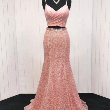 Pink Lace Evening Dress V Neck Party Dress..