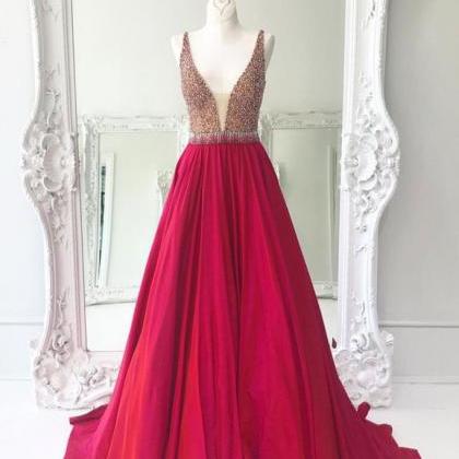 Red V Neck Sequin Long Prom Dress, Red Evening..