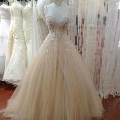 Champagne Tulle Lace Long Prom Dress, Lace Wedding..