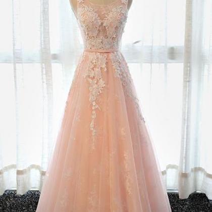 Simple Pink Lace Long Senior Prom Dress, Long..