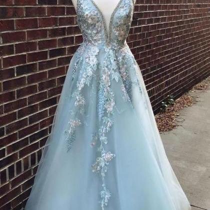 Blue Ball Gowns V Neck Bridal Dress Tulle Lace..