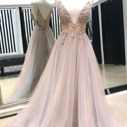 Pink Ball Gowns V Neck Evening Dress Tulle Lace..