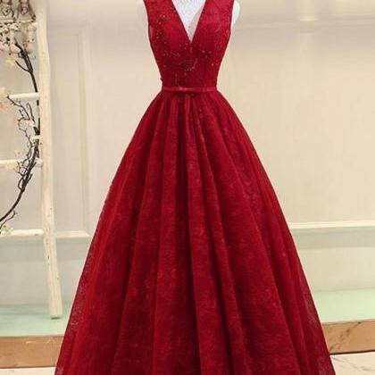 Dark Red Lace Long Formal Gown, V-n..