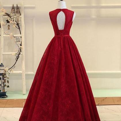 Dark Red Lace Long Formal Gown, V-neckline Party..