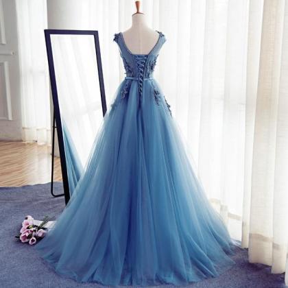 Cap Sleeve Blue Lace Beaded Evening A Line Prom..