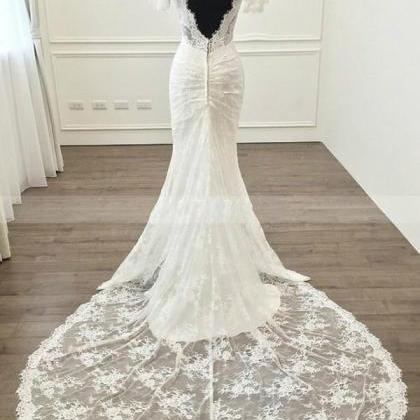 Short Sleeves Lace Wedding Dress Mermaid Style..