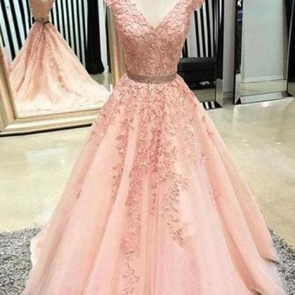 A Line V Neck Blush Pink Prom Dresses, Appliques..