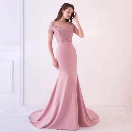 Pink Party Dress Off Shoulder Evening Dress..