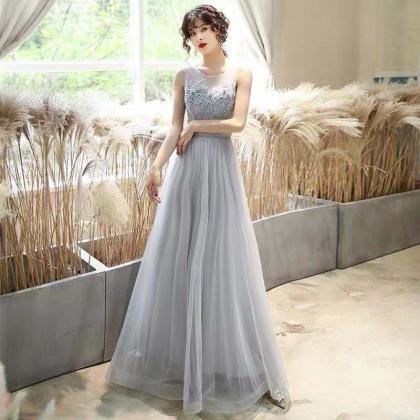 Gray Party Dress Round Neck Evening Dress Tulle..