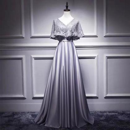 Gray Party Dress Short Sleeve Evening Dress V Neck..