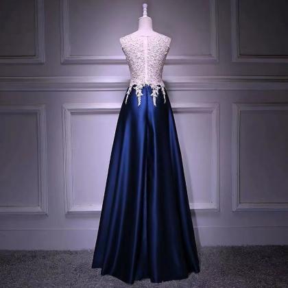 Blue Party Dress Satin Long Prom Dress Lace..