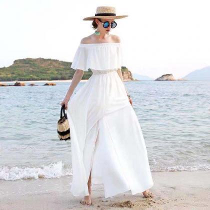 White Party Dress Off Shoulder Evening Dress Beach..