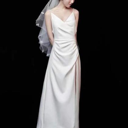 White Wedding Dress V Neck Wedding Dress Backless..