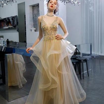 Champagne Color Prom Dress V-neck Party Dress..