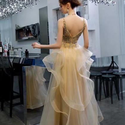 Champagne Color Prom Dress V-neck Party Dress..