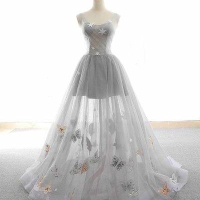 Gray Tulle Sparkly Long Customize Prom Dress Cute..