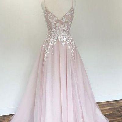 Spaghetti Prom Dress Light Pink Party Dress V Neck..